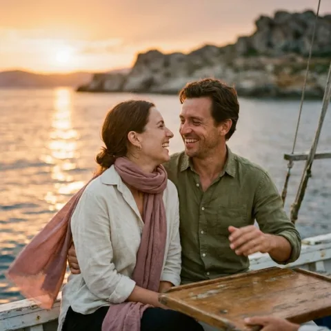 Un couple rit, serré à l'avant d'un petit bateau en bois au coucher du soleil, une écharpe rose au vent
