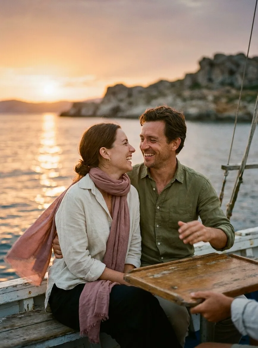 Un couple rit, serré à l'avant d'un petit bateau en bois au coucher du soleil, une écharpe rose au vent