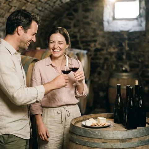 Un couple rit en trinquant avec deux verres de vin rouge dans une cave voûtée, entre les fûts et quelques bouteilles