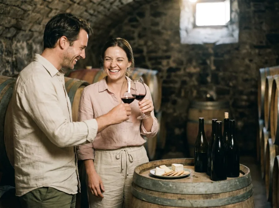 Un couple rit en trinquant avec deux verres de vin rouge dans une cave voûtée, entre les fûts et quelques bouteilles