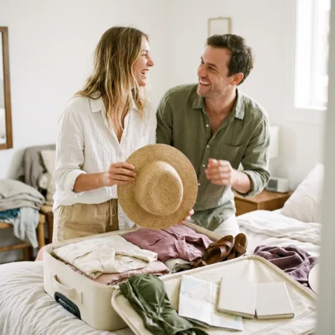 Un couple rit en préparant une valise ouverte sur un lit : chapeau de paille, sandales, maillot et carte routière