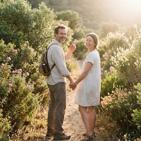Un couple main dans la main se retourne en souriant sur un sentier bordé d'arbustes en fleurs, dans une lumière dorée