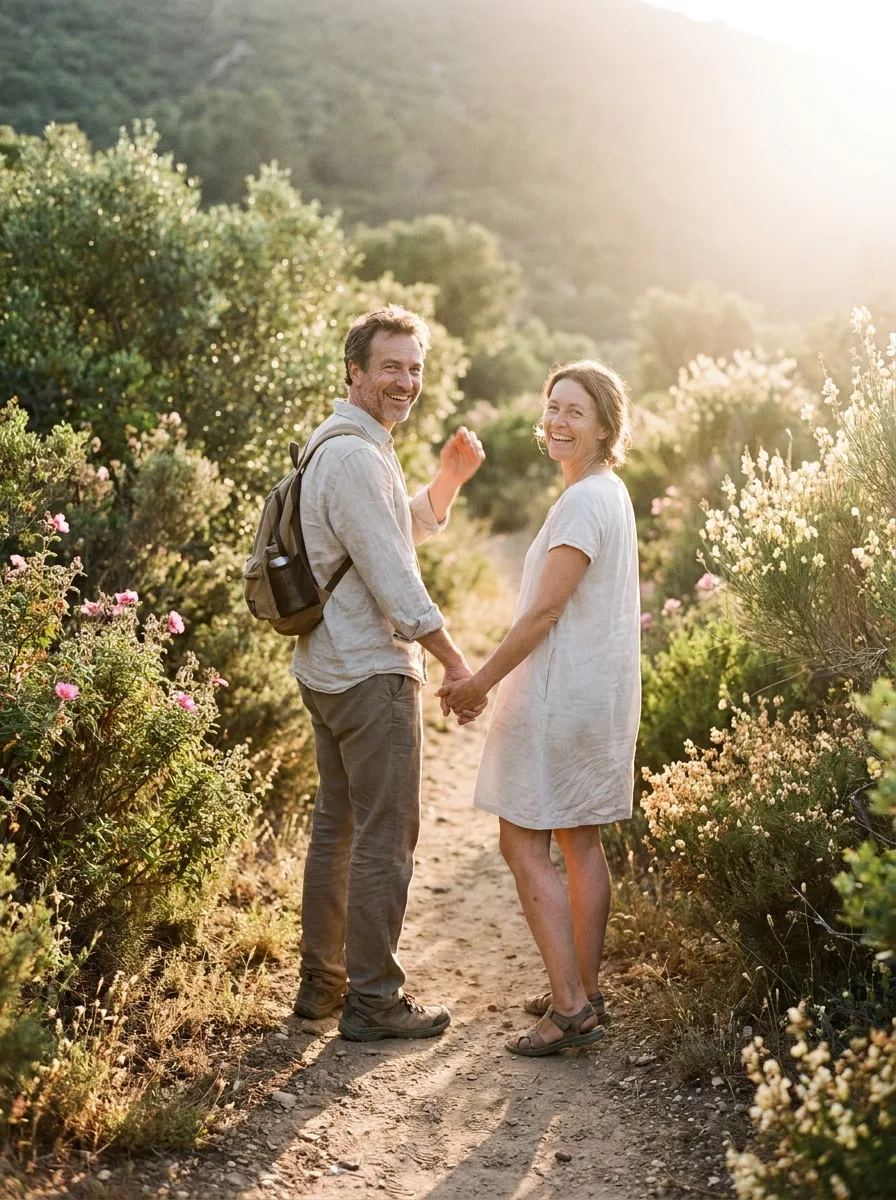 Un couple main dans la main se retourne en souriant sur un sentier bordé d'arbustes en fleurs, dans une lumière dorée