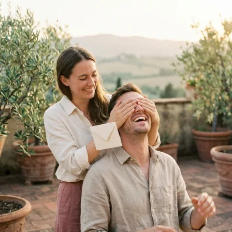Sur une terrasse fleurie au soleil du soir, une femme cache en riant les yeux de son compagnon, une enveloppe à la main