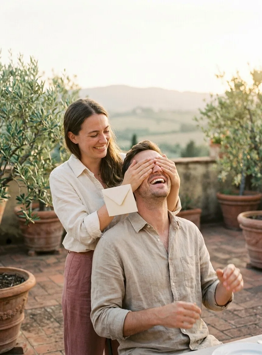 Sur une terrasse fleurie au soleil du soir, une femme cache en riant les yeux de son compagnon, une enveloppe à la main