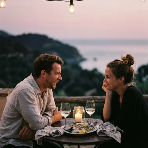 Un couple rit à une petite table ronde éclairée d'une bougie, poisson grillé et deux verres de vin blanc, guirlande lumineuse au-dessus et mer au loin, au crépuscule
