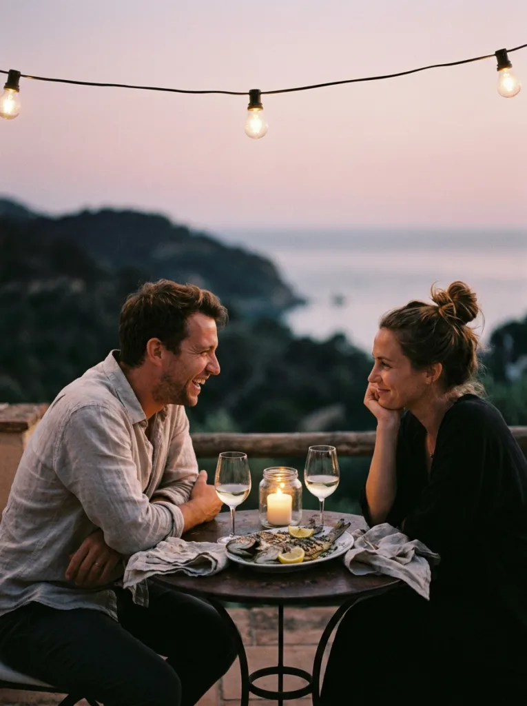 Un couple rit à une petite table ronde éclairée d'une bougie, poisson grillé et deux verres de vin blanc, guirlande lumineuse au-dessus et mer au loin, au crépuscule