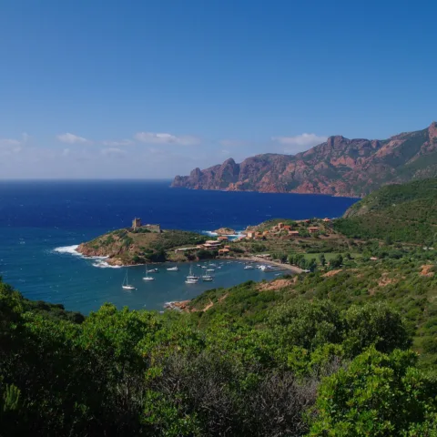 La baie de Girolata et son fortin génois, voiliers au mouillage, falaises rouges du golfe en arrière-plan.