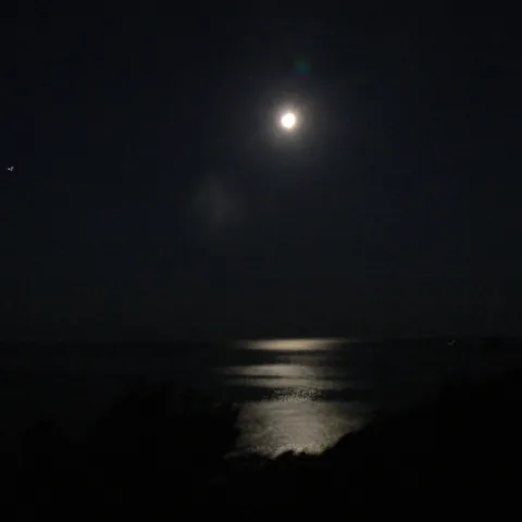 La lune presque pleine au-dessus de la mer et son reflet argenté, vue de nuit depuis la côte de Pinarellu (15 juillet 2008).