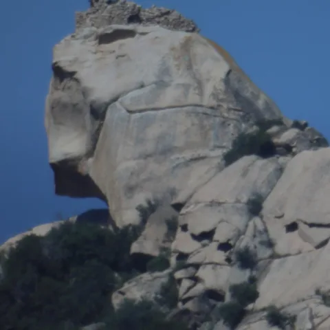 Le rocher du Lion de Roccapina, formation de granit en forme de lion couché, sur fond de ciel bleu.