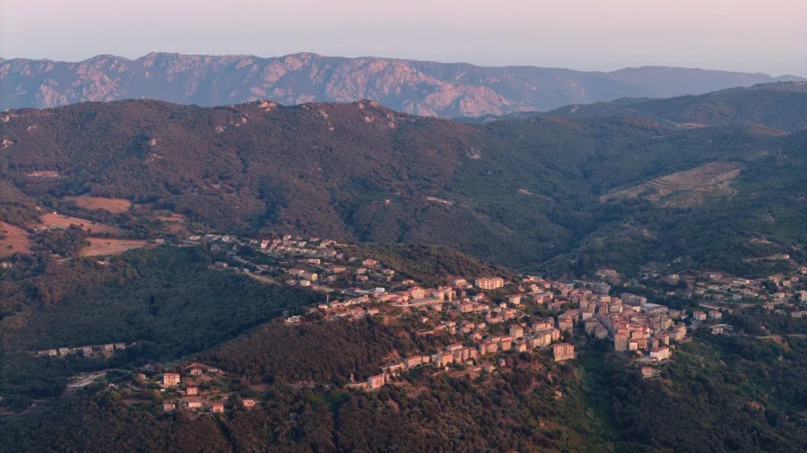 Sartène vue de loin sur son éperon, dans une lumière douce et rosée, montagnes du Sartenais en arrière-plan (août 2026).
